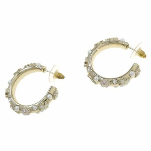 CHANEL CC Rhinestone Pearl Clover Camellia Hoop Earrings Gold Tone B22S Auth D-r - Picture 5 of 9